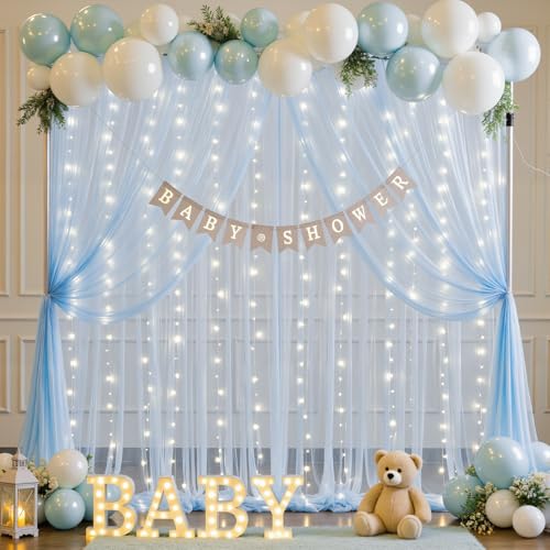 10ft x 8ft Baby Blue Tulle Photo Backdrop Curtain with Lights String for Parties Wedding Sheer Blue Curtain Backdrop for Birthday Party Baby Shower Boy Photo Booth Photography Background Decorations - color: Baby Blue, size: 10ft x 8ft ( 5ft(W) x 8ft(H),