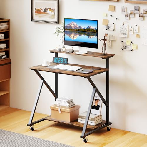 Giantex Rolling Small Desk with Storage, Compact Computer Desk for Small Spaces with Charging Station, Monitor Stand, Lockable Wheels, Study Writing Desk for Home Office, Bedroom (Rustic Brown) - color: Rustic Brown, size: 25"D x 32"W