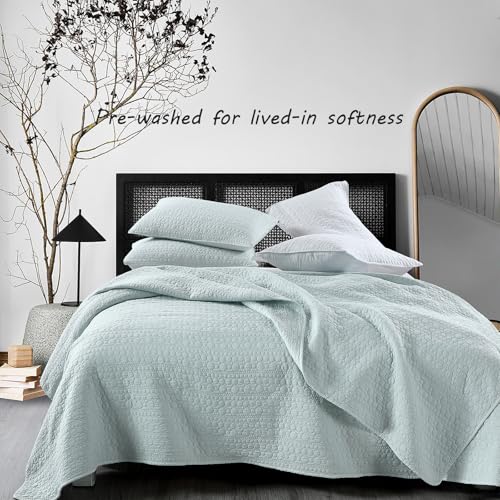 HORIMOTE HOME Quilt Set Queen Size Aqua Blue, Classic Geometric Spots Stitched Pattern, Pre-Washed Microfiber Chic Rustic Look, Ultra Soft Lightweight Quilted Bedspread for All Season, 3 Pieces - color: Aqua Blue, size: Full/Queen
