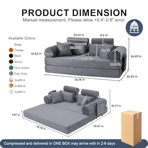 79" Convertible Futon Sofa Bed,High Back Boneless Couch for Living Room | 5-in-1 Corduroy Boneless Loveseat Sleeper, Futon Couch with Ergonomic Support & Side Storage Pocket, No Assembly,Dark Gray - color: Dark Gray, size: 79" High Backrest Sofa