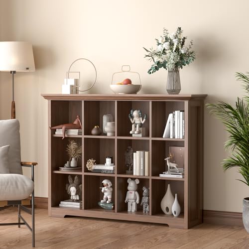 12-Cube Open Bookcase with Base, 3-Tier Wooden Bookshelf, Walnut | Curved Base, Crown Molding, Fits 11×11" Bins, Modern Storage Cabinet for Living Room, Bedroom, Home Office - color: Walnut, size: 12-Cube