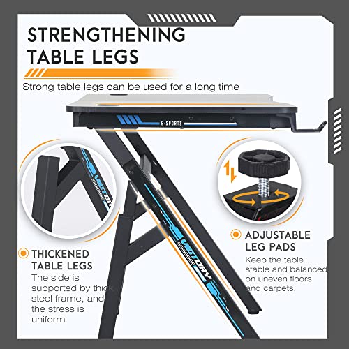 BestOffice | 47" Gaming Table | Blue | R-Shaped Computer Desk | with Steel Frame, Headphone Hook, Adjustable Feet | Carbon Fiber Texture| Easy to Clean | for Gaming, Home Office - color: Blue, size: 47 Inch R Shaped