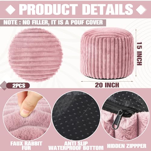 Teenyyou 2 Pcs Unstuffed Pouf Ottoman Cover Pink, 20 x 15 in No Filler | Soft Faux Fur Ribbed Texture, Floor Footrest for Living Room Bedroom, Bean Bag Seating Storage, Empty Cover No Insert - color: Pink, size: 20 x 15 In