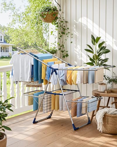 Sakugi Clothes Drying Rack, Foldable 2-Level with 55.5" Adjustable Wings | Laundry Room, Bedroom, Indoor & Outdoor Use, Height Adjustable, Clothing & Bedding, 55.5" L × 22.8" W, Silver and Blue - color: Silver and Blue, size: Large (55.5"L x 22.8"W x 36.6
