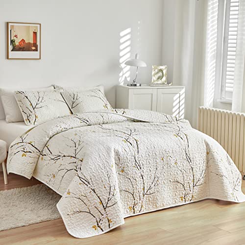 Quilt Set King Size Cream White with Black Branch Bedding Set 88x88 Soft Microfiber Lightweight Coverlet Bedspread Summer 3 Pc Bed Cover for (1 Quilt+ 2 Shams) - color: Cream, size: King(102x88)
