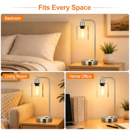 Industrial Touch Control Table Lamps Set of 2 - Brushed Nickel Nightstand Bedside Lamps with 2 USB Ports & AC Outlet, 3-Way Dimmable Desk Lamp for Bedroom Living Room, Glass Shade & LED Bulbs Included - color: Brushed Nickel(2 pack) - Clear Glass-Touch Co