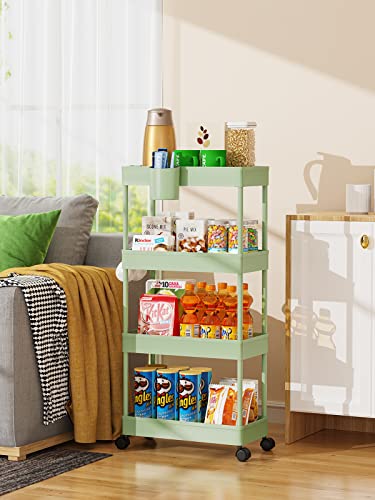 LEHOM Slim Rolling Storage Cart - 4 Tiers Bathroom Organizer Utility Cart | Slide Out Storage Shelves Mobile Shelving Unit for Kitchen, Bedroom, Office, Laundry Room, Small Narrow Spaces (7.1" W+Green) - color: Light Bean Green