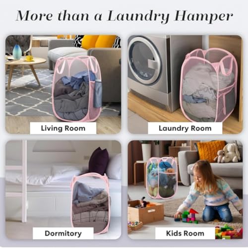 Handy Laundry Collapsible Mesh Pop Up Laundry Hamper with Side Pocket, Breathable & Space-Saving Foldable Basket for Clothes, Toys, Travel, Storage, 14 x 13 x 24 in, Pink - color: Pink