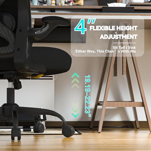 Office Desk Chair with Ergonomic Lumbar Support, Extra-Thick Seat Cushion, Flip-up Arms, Breathable Mesh Back, Computer Task Chair for Home Office (All-Black Carbon Fiber Model) | Adjustable Lumbar (up/down/in/out), Rocking Mesh Back, Flip-up Arms, Easy A