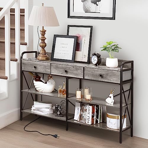 Karl home Console Table with USB Ports and Outlets and Shelves, Wash Gray | Industrial style,3 fabric drawers,3-tier storage shelves,vintage entry desk for living room couch hallway - color: Wash Grey