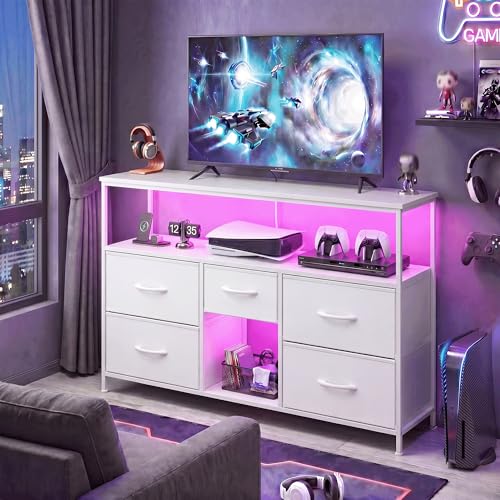 Romorgniz TV Stand for 45/50" TVs, 5 Drawers & LED Lights & Power Outlets | Strong Metal Frame for Stability, Spacious Shelves Display Collections & Keep Organized, Dresser for Bedroom & Studio, White - color: White