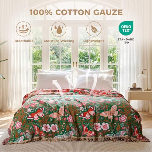 LUTBM Boho Throw Blanket for Couch 50"x60", Cotton Decorative Bed Throws | Green Reversible Floral Butterflies Jacquard, All-Season Lightweight Blankets, For Chair Sofa Bedroom Living Room - color: Butterflies Green, size: 50"×60"