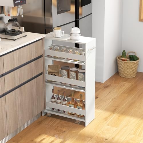 GIANTEX 4-Tier Rolling Slim Storage Cart, 8" Narrow Slide Out Kitchen Cart | Space-Saving Compact Mobile Utility Trolley with Handle & Open Shelves for Small Space, Laundry Room (White) - color: White, size: 8"W