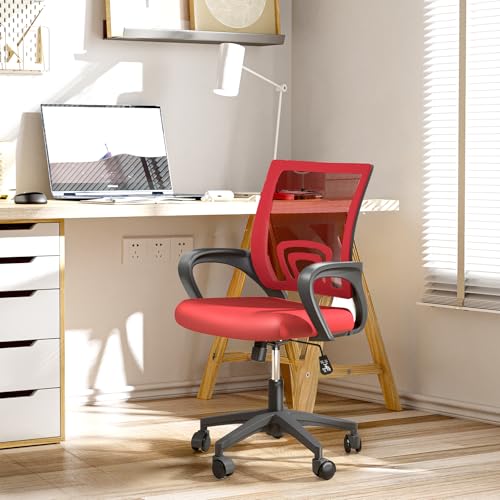 Office Chair, Ergonomic Mid-Back Mesh Desk Chair with Lumbar Support, Adjustable Height Computer Chair with Rolling Wheels Design,Comfy Armrest for Work, Study, Gaming, Red - color: Red