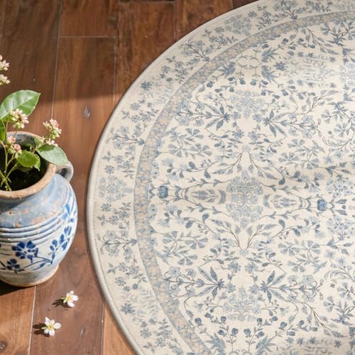 jinchan 2x3 Washable Half Circle Entryway Rug, Vintage Floral, Blue/Cream | Non-Slip, Soft Low-Profile Botanical Carpet, Small Dirt-Trapping Doormat for Entrance Kitchen Bedroom Bathroom - color: Blue/Cream, size: 1'9" x 3' (Semicircular)