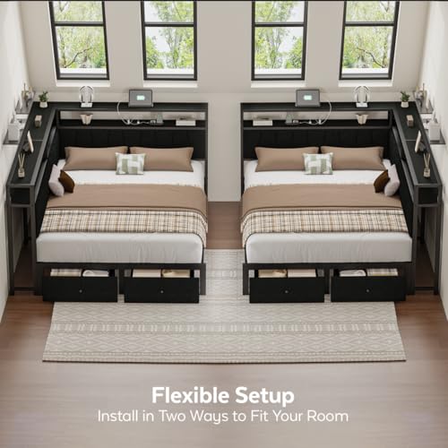 Queen Corner Bed Frame with Storage Drawers, Modern Daybed with LED Lights and Charging Station, Metal Platform Bed Frame Queen Size with Linen Upholstered Guardrail for Dorm Bedroom, Black - color: Black, size: Queen