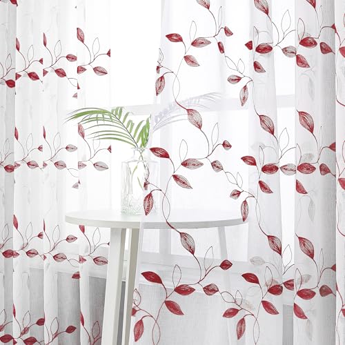 Tollpiz Burgundy Red Leaf Sheer Tier Curtain Kitchen 30 x 36 Inches | Leaves Embroidered Curtains Rod Pocket Voile Bathroom Window Treatment for Cafe, Set of 2 Panels - color: Burgundy Red, size: 30"W x 36"L (Pack of 2)