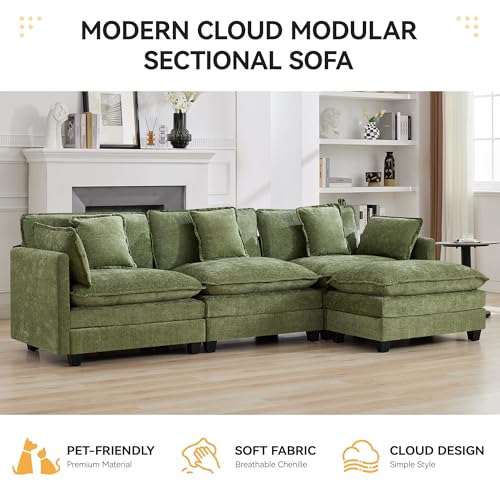 111'' Cloud Deep Seat Sectional Couch, Modern Comfy Chenille L Shaped Sectional Sofa with Movable Ottoman, Upholstered Modular 4-Seater Sofa Couch for Living Room, Green - color: Green, size: 111'' L Shape