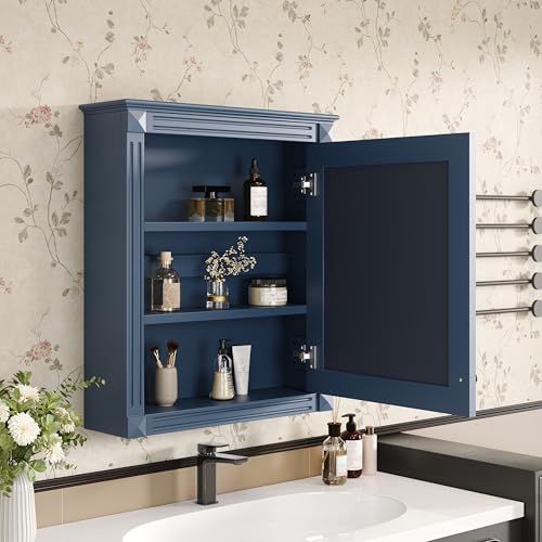 Merax Bathroom Medicine Cabinet with Mirror Door & Adjustable Shelves | 24" x 28" Wall Mounted Bathroom Storage Cabinet with Mirror, Over the Toilet Bathroom Wall Cabinet - color: Blue, size: 24"