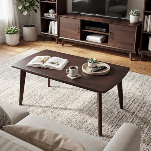 GOFLAME Solid Wood Coffee Table, 34.5" x 21" x 17" Mid-Century Modern Center Table with Storage, Curved Edges, Retro, Small Japanese Floor Table with Tapered Legs for Living Room, Apartment, Walnut