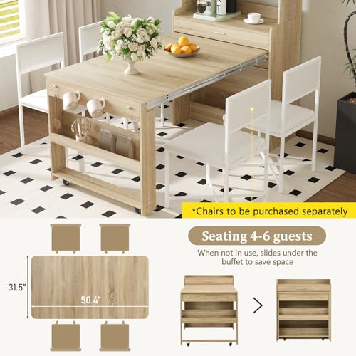 Wood Buffet Cabinet with Folding Dining Table, Craft Cabinet with Fold Out Table and Storage Shelf, Hooks, Multifunctional Cupboard for Small Places,Studio, Apartment (Natural) - color: Natural