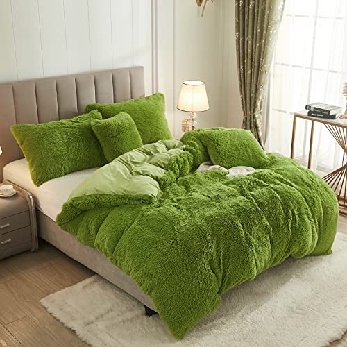 Faux Fur Velvet Fluffy Bedding Duvet Cover Set Down Comforter Quilt Cover with Pillow Sham, Ultra Soft Warm (Apple Green, Twin) - color: Apple Green, size: Twin