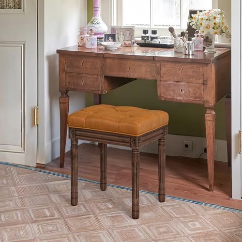 LUE BONA Upholstered Fabric Vanity Bench Seat, Makeup Stools for Vanity, Square Tufted Ottoman Bench with Carved Dark Brown Color Legs for Bedroom Living Room, Whiskey Brown - color: Whiskey Brown and Dark Brown