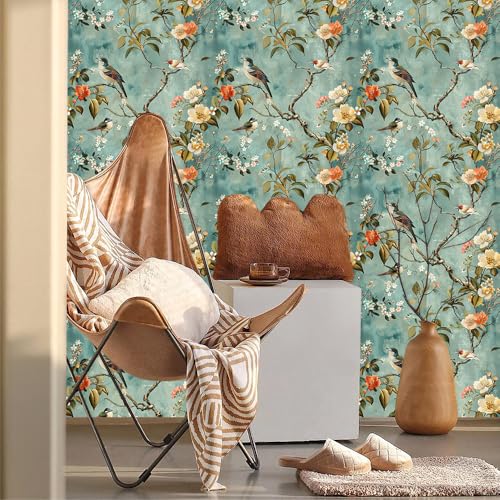 Light Blue Green Vintage Bird Cream Orange Flowers Peel and Stick Wallpaper Contact Paper Vintage Vinyl Stick on Wall Paper for Bedroom Bathroom Kitchen Cabinet Renter Friendly - color: Blue/Orange, size: 17.7" x 118"