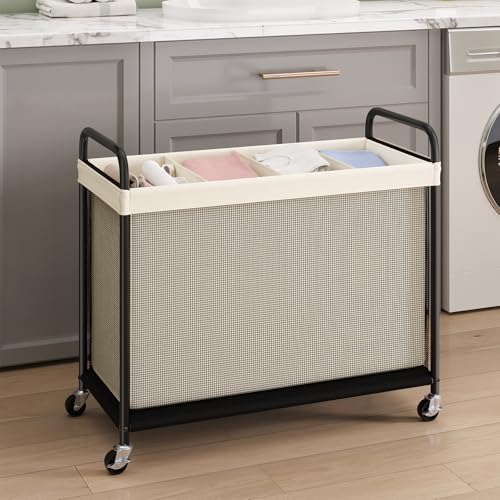 ELYKEN Laundry Hamper 4 Section, 140L Rolling Laundry Sorter with Wheels | Removable Washable Liner Bags, Sturdy Steel Frame and Metal Handle, 4 Divided Clothes Hamper Cart for Laundry Room & Bedroom - color: Beige, size: 4-Section