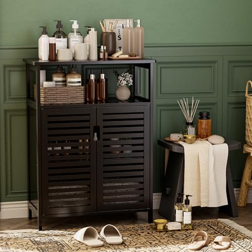 HITNET Bathroom Storage Cabinet, Bamboo Floor Cabinet with Double Doors and Open Shelf, Freestanding Cupboard for Living Room, Kitchen, Entryway, Black - color: Black