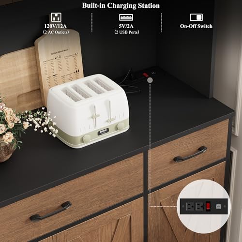 HOSTACK 71" Tall Kitchen Pantry Cabinet, 55" W Kitchen Hutch, Brown/Black | Large Pantry Cabinet with Charging Station / Countertop / 3 Drawers, Farmhouse Hutch Cabinet with Storage for Dining Room - color: Brown/Black