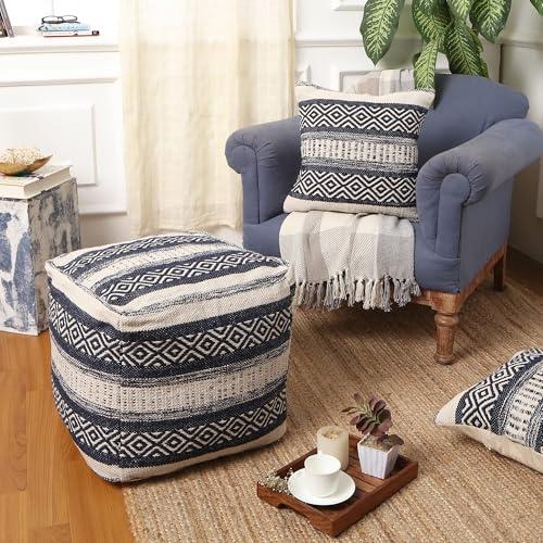 · REDEARTH · Pouf Ottoman with Filler Textured Storage Cube Bean Bag Pouffe Footrest for Living Room, Bedroom, Nursery, Home Decor; 100% Cotton (17.5"X17.5"X17.5", Indigo Impressions) - color: Indigo Impressions