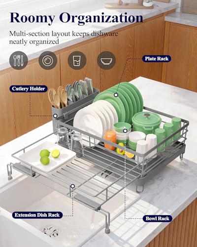 Kitsure Adjustable Dish Drying Rack, 15.6''-25.2''L × 16.9''W, Grey | Large Dish Drying Rack, Rust-Resistant Dish Racks for Kitchen Counter, With Adjustable Support Legs, Cutlery Holder - color: Gray