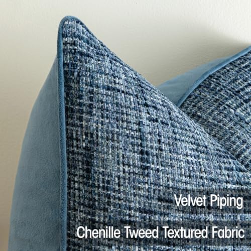 a moment Blue Reversible Pillow Covers 2 Pack - Farmhouse Chenille Velvet Throw Pillows, Neutral Textured Decorative Throw Pillow Covers with Border for Couch Sofa Bed (24x24 Inch, No Insert) - color: Blue, size: 24" x 24" (Pack of 2)