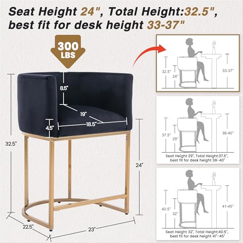 HNY Modern Counter Height Velvet Fabric Upholstered Counter Stools Set of 2, 24 Inch Kitchen Island Stool with Gold Finish Metal Frame, Black - color: 24inch ,Black,gold Base