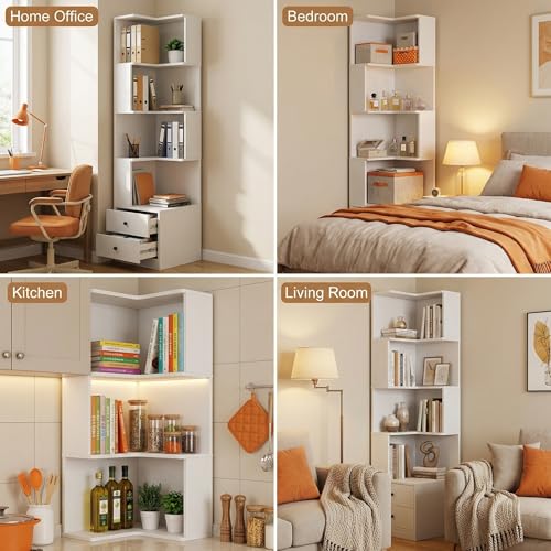 4 Tier Corner Bookshelf with Drawers, L Shaped Freestanding Corner Bookcase with LED Lights and Baffle, Space Saving Display Shelf for Living Room, Bedroom, Home Office, Kitchen(White) - style: White-with drawers