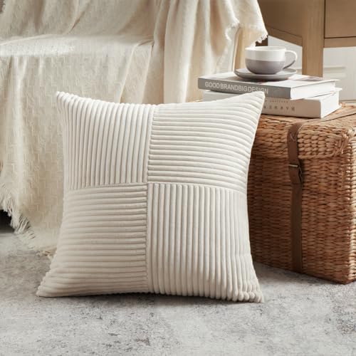 Fancy Homi 2 Packs Boho Cream Decorative Throw Pillow Covers 18x18 Inch for Living Room Couch Bed Sofa, Rustic Farmhouse Home Decor, Soft Corss Corduroy Patchwork Textured Square Cushion Case 45x45 cm - color: Cream, size: 18" x 18" (Pack of 2)