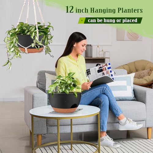 12 Inch Self Watering Hanging Planters with Removable Reservoir, 2 Pack | Drainage Holes, Metal Chain, for Indoor/Outdoor Plants, Patio,Balcony & Garden - color: Black, size: 12 Inch