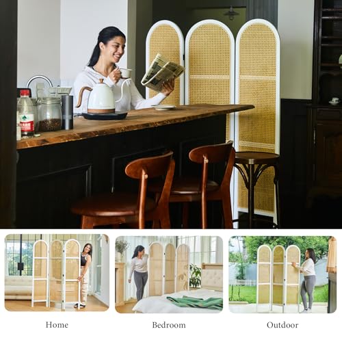 Svimi Room Dividers and Folding Privacy Screens, Pine Wood 5.6 Ft Double Hinged Rattan Partition Freestanding Wall Room Divider for Home - 3 Panels (White) - color: White