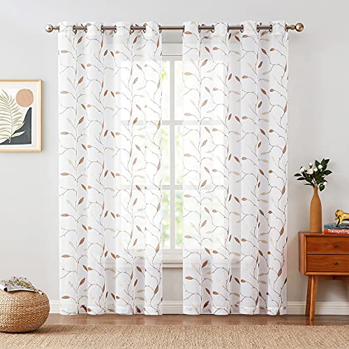 Embroidered Sheer Curtains Floral Leaves Decor Voile Curtain for Living Room Bedroom Farmhouse White Sheer Drapes 84 Inches Light Diffusing Window Treatment Panels Gold on White - color: *Grommet | Gold on White, size: 55"W x 84"L (Pack of 2)