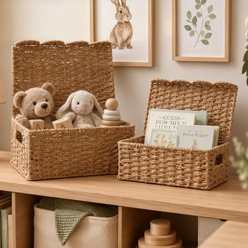 Set of 2 Scalloped Wicker Baskets with Lid,Paper Rope Decorative Storage Baskets for Shelves, Display Shelf, Handmade Cute Woven Basket for Nursery,Living Room Decor