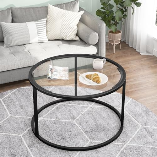Round Coffee Table,Small Black Coffee Table for Living Room,27" Modern Center Table,Glass Top Clear Coffee Table with Sturdy Metal Frame for for Living Room Home Office, Easy Assembly,Black - color: Black, style: Round