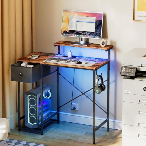X-cosrack 33.5" Small Gaming Desk with LED Lights & Outlets, Monitor Stand | Computer Desk for Bedroom, Writting Studying Table with CPU Stand& Charging Station - color: Rustic Brown, size: 33.5"