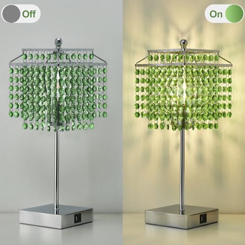 Luvkczc Crystal Table Lamp with Touch Control, Bedside Crystal Table Lamp with USB C+A Ports,Dimmable Lamp for Girls Bedroom, Living Room, Green & B11 LED Bulb Included - color: Green