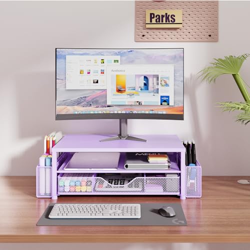 Desk Organizer and Accessories, 2-Tier Computer Monitor Stand Riser with Drawer and 2 Pen Holders, Laptop Stand, Office Desk Accessories for Office Supplies, 1 Pack, Purple - color: Purple 1-Pack, size: 2-Tier