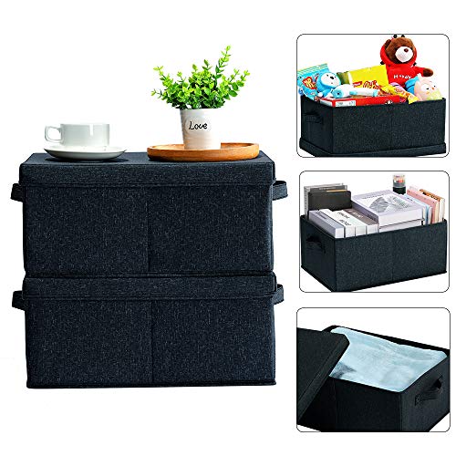 HOONEX Linen Foldable Storage Bins with Lids, 2 Pack, Storage Boxes with Carrying Handles and Sturdy Heavy Cardboard, 16.5" L x 11.8" W x 7.5" H for Shoes, Books, Clothes, Nursery, Dark Grey - color: Dark Grey