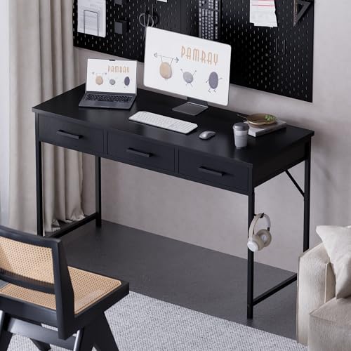 Pamray 47 Inch Small Computer Desk with 3 Drawers for Bedroom Study Writing Home Office Table for Small Spaces Black - color: Black, size: 47 Inch