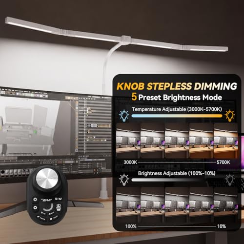 Adjustable LED Desk Lamp with Clamp, 4-Head Eye-Caring CRI95+ Desk Light, Stepless Dimming & Color Temp Remote Control, Flexible Neck, 5-Mode for Reading, Computer, Crafting, 90" Wide Desk Coverage - color: White