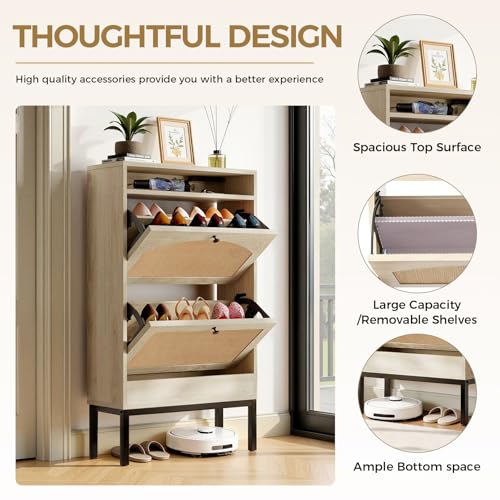 LUCKLIFE Shoe Cabinet with Charging Station, Flip Down Shoe Storage Organizer with Adjustable Shelves, Hidden Slim Shoe Rack with Anti-Tip Kit for Entryway or Hallway (Oak Rattan)