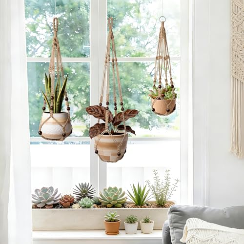 LEWESU 3 Pack Jute Macrame Plant Hanger Indoor 3 Different Sizes Hanging Planter Basket Flower Pot Holder with Wood Beads & No Tassels for Boho Home Decor, 23, 30, 35 Inch, Brown (Pot Not Included) - color: Brown, size: 23" + 30" + 35"